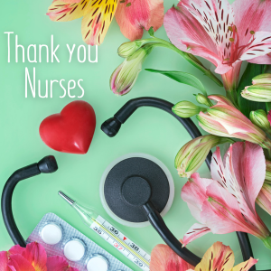 tiger lilies, stethoscope, and other medical tools on a green background
