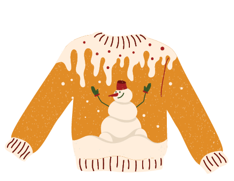 Illustrated graphic of an ugly sweater for National Ugly Sweater Day, bright mustard yellow sweater with snowman and snow