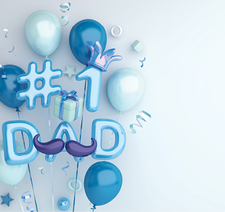 graphic, blue balloons in shape of #1 Dad, on light blue background, Father's Day
